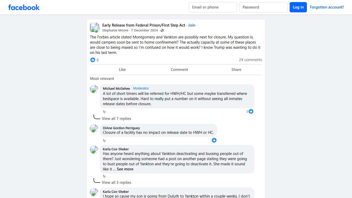 Early Release from Federal Prison/First Step Act The Forbes article stated Montgomery and Yankton are possibly next for closure Facebook