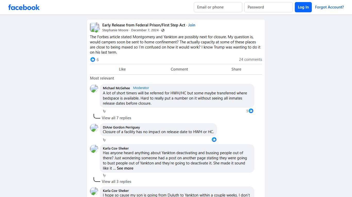 Early Release from Federal Prison/First Step Act The Forbes article stated Montgomery and Yankton are possibly next for closure Facebook